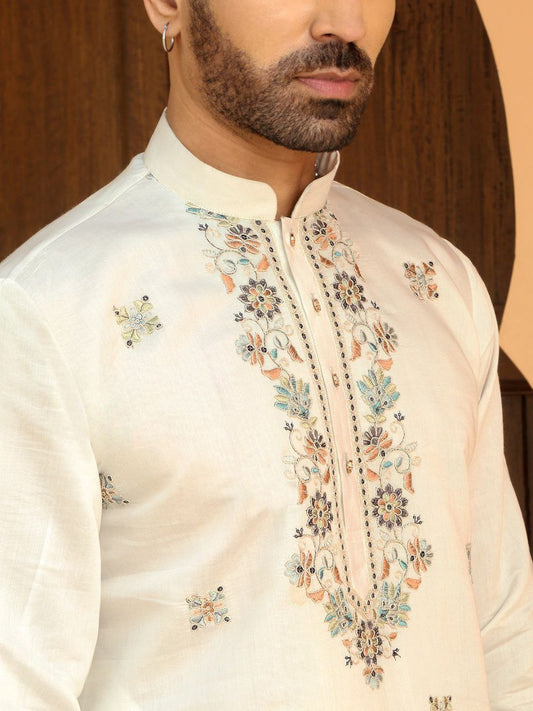 Off-White Nick Embroidered Kurta Pyjama with Stole