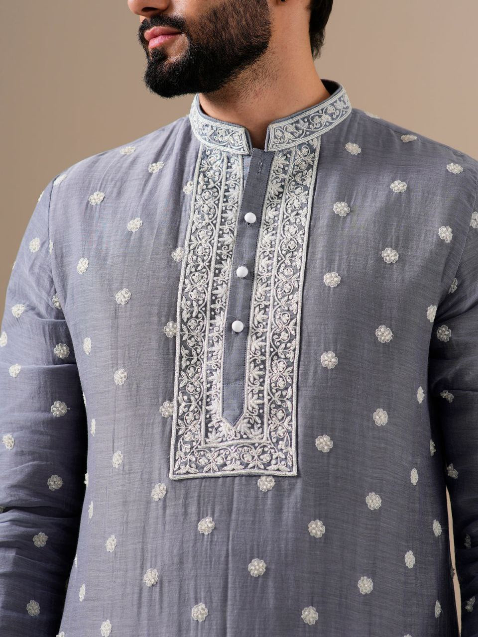 Grey Embroidered Men's Kurta Pyjama Set