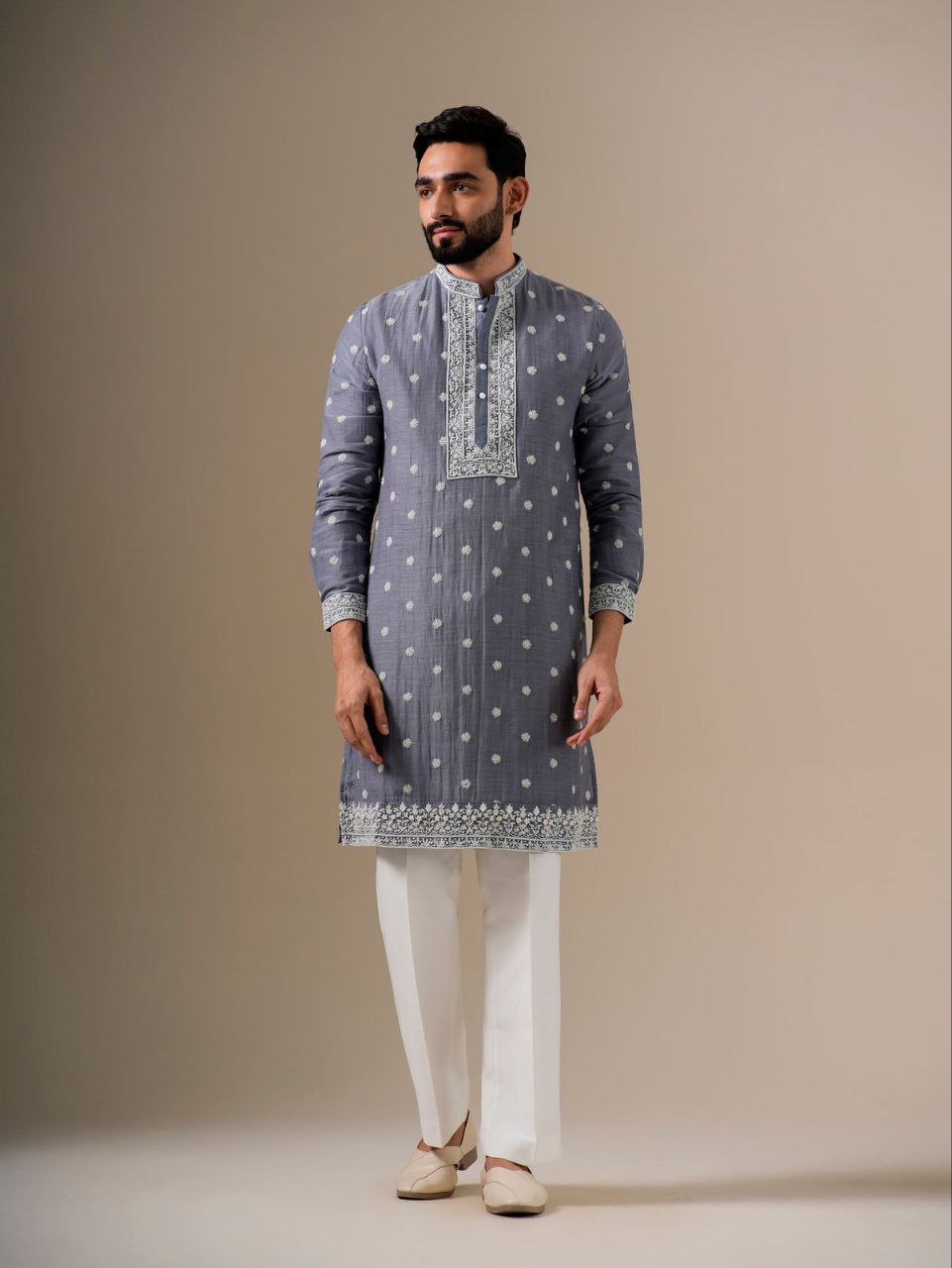 Grey Embroidered Men's Kurta Pyjama Set