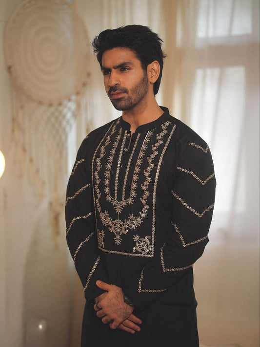 Black Havy Sequence Embroidered Kurta with payjama