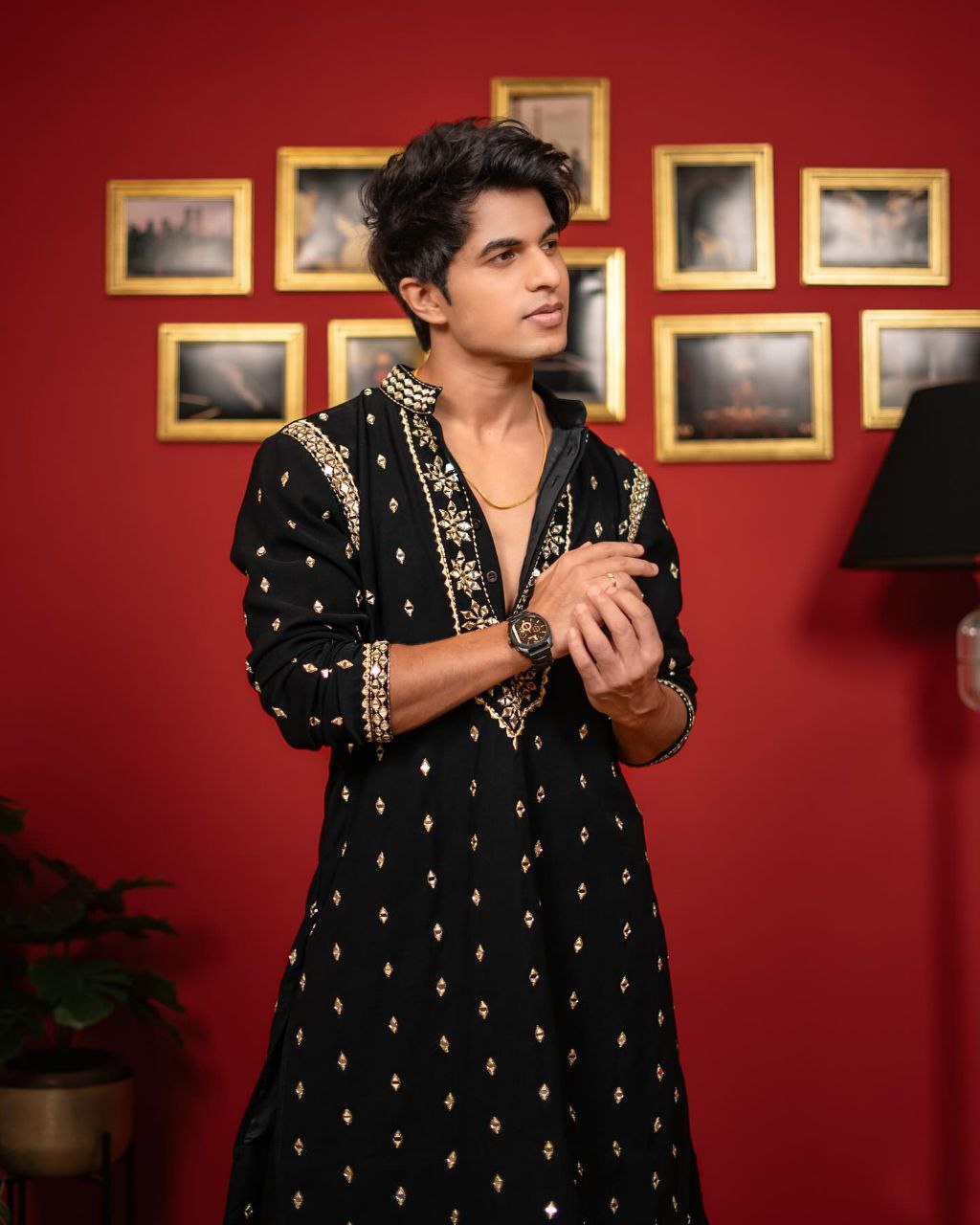 The Classic Black Mirror Embroidered Work Mem's Kurta Set