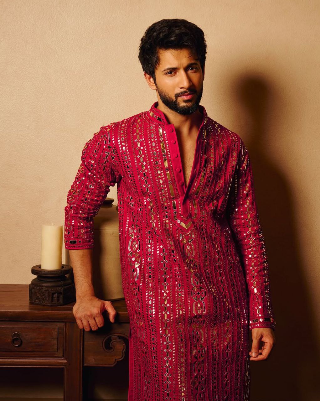 Hot Pink Embroidered Kurta Pyjama with Stole