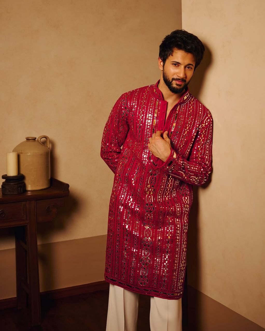 Hot Pink Embroidered Kurta Pyjama with Stole