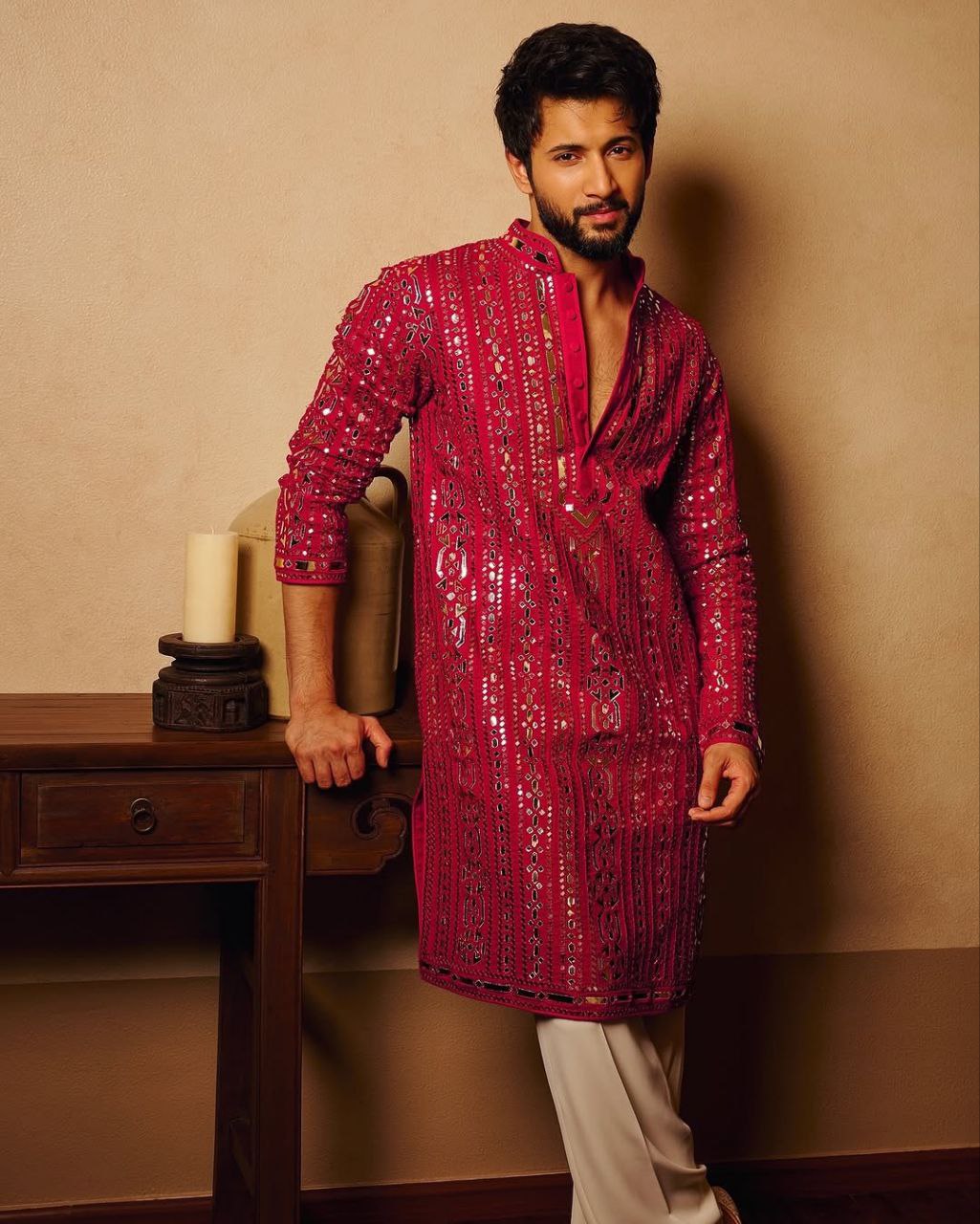 Hot Pink Embroidered Kurta Pyjama with Stole