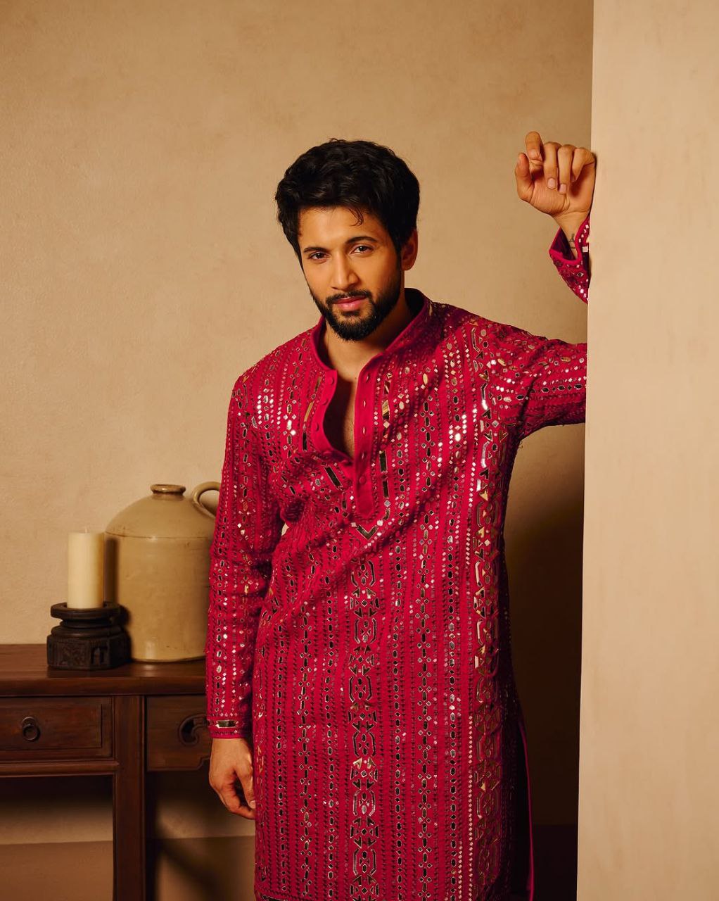Hot Pink Embroidered Kurta Pyjama with Stole