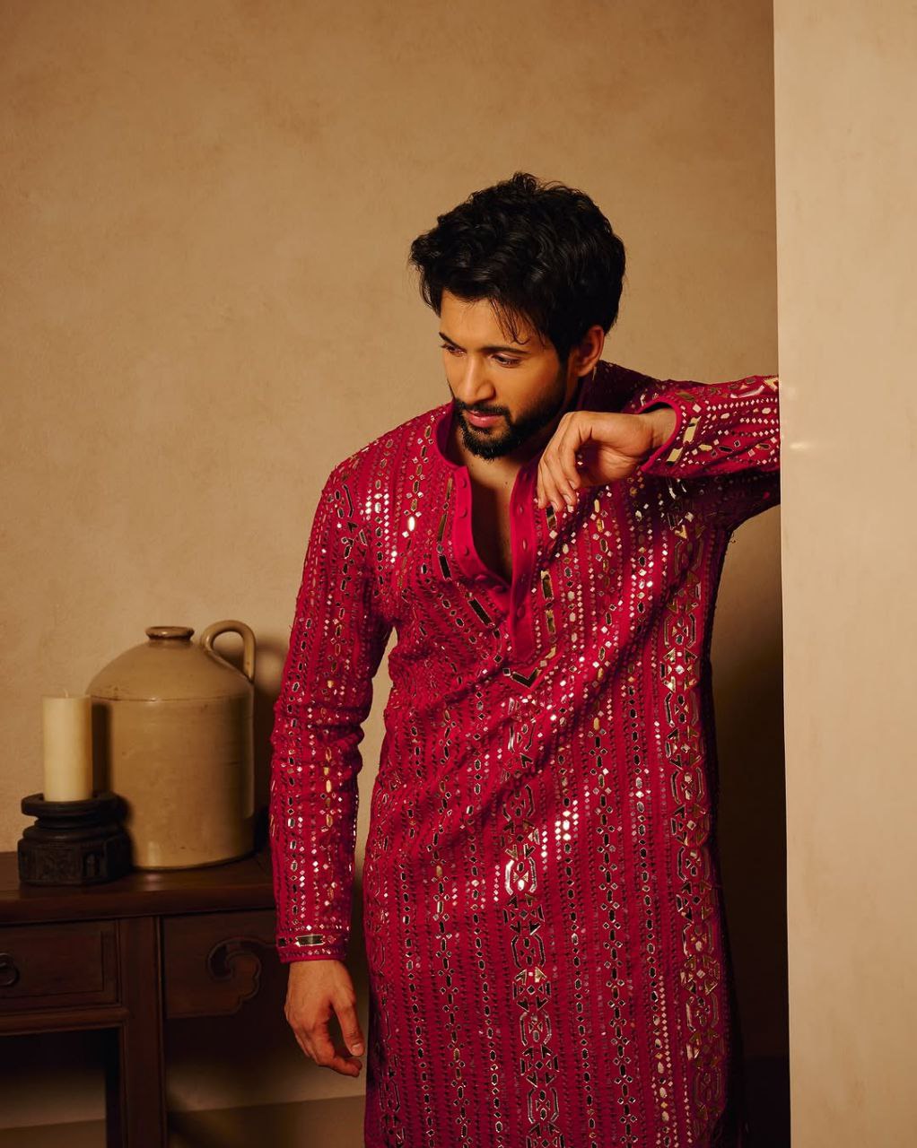 Hot Pink Embroidered Kurta Pyjama with Stole