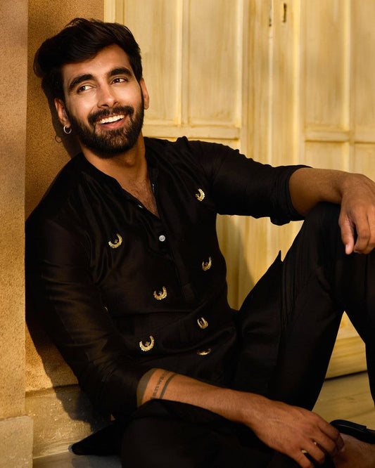 Black Raw Silk Kurta with Golden Motif Work