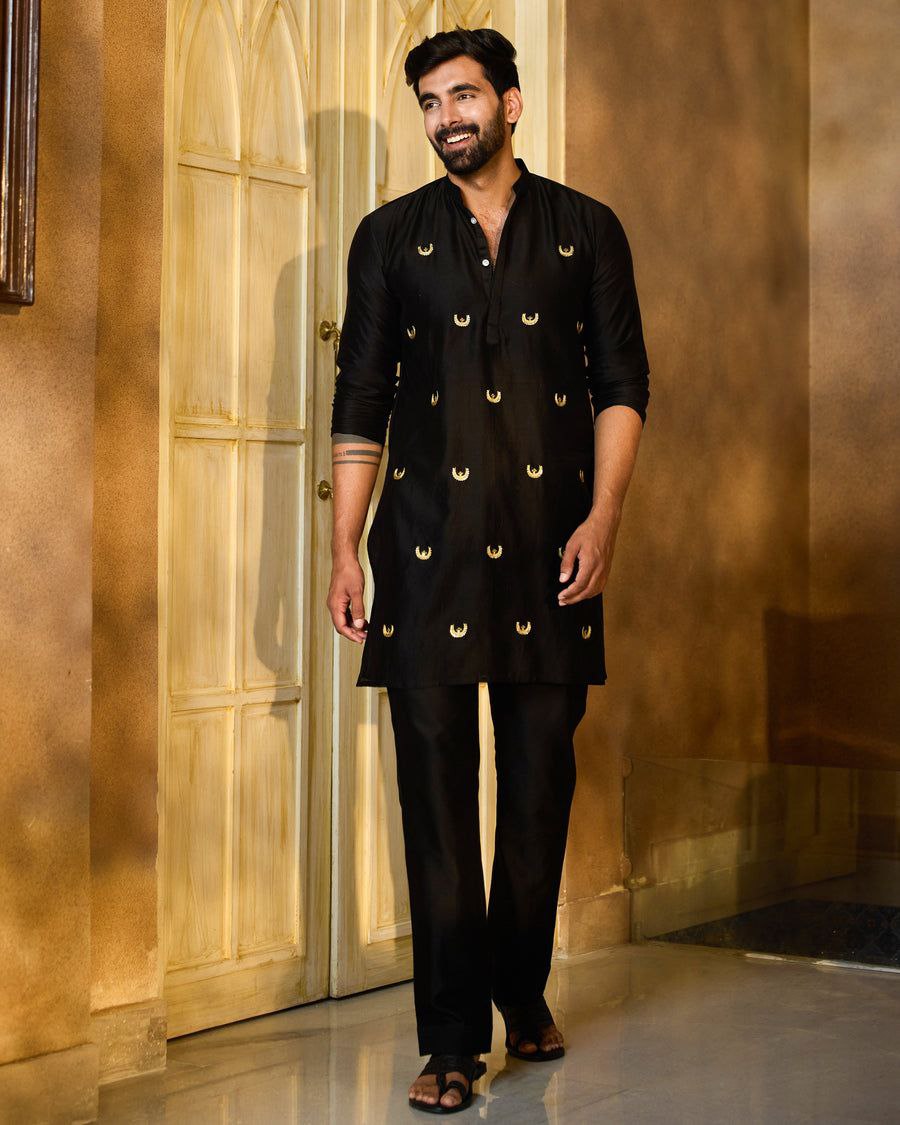 Black Raw Silk Kurta with Golden Motif Work