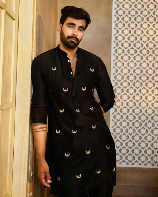 Black Raw Silk Kurta with Golden Motif Work