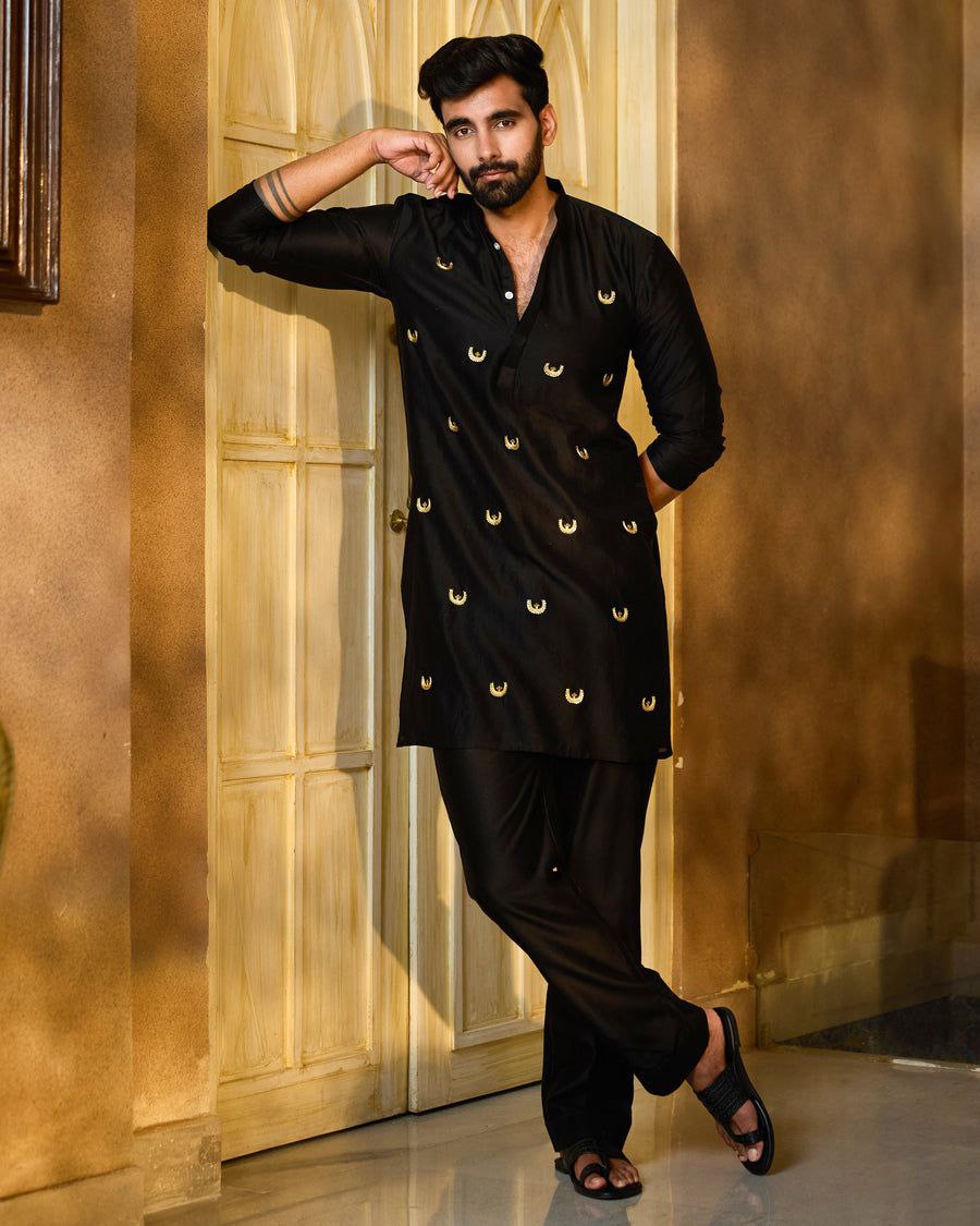 Black Raw Silk Kurta with Golden Motif Work