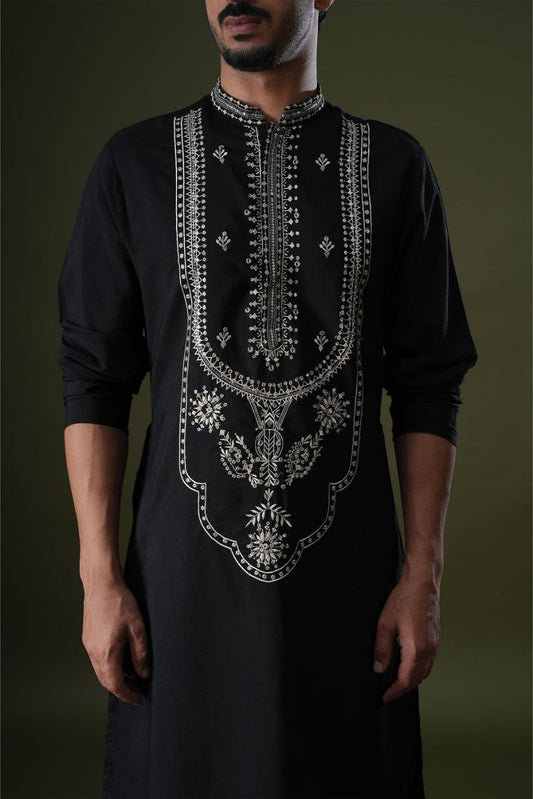 Black Art Silk Embroidery Men's Kurta Se