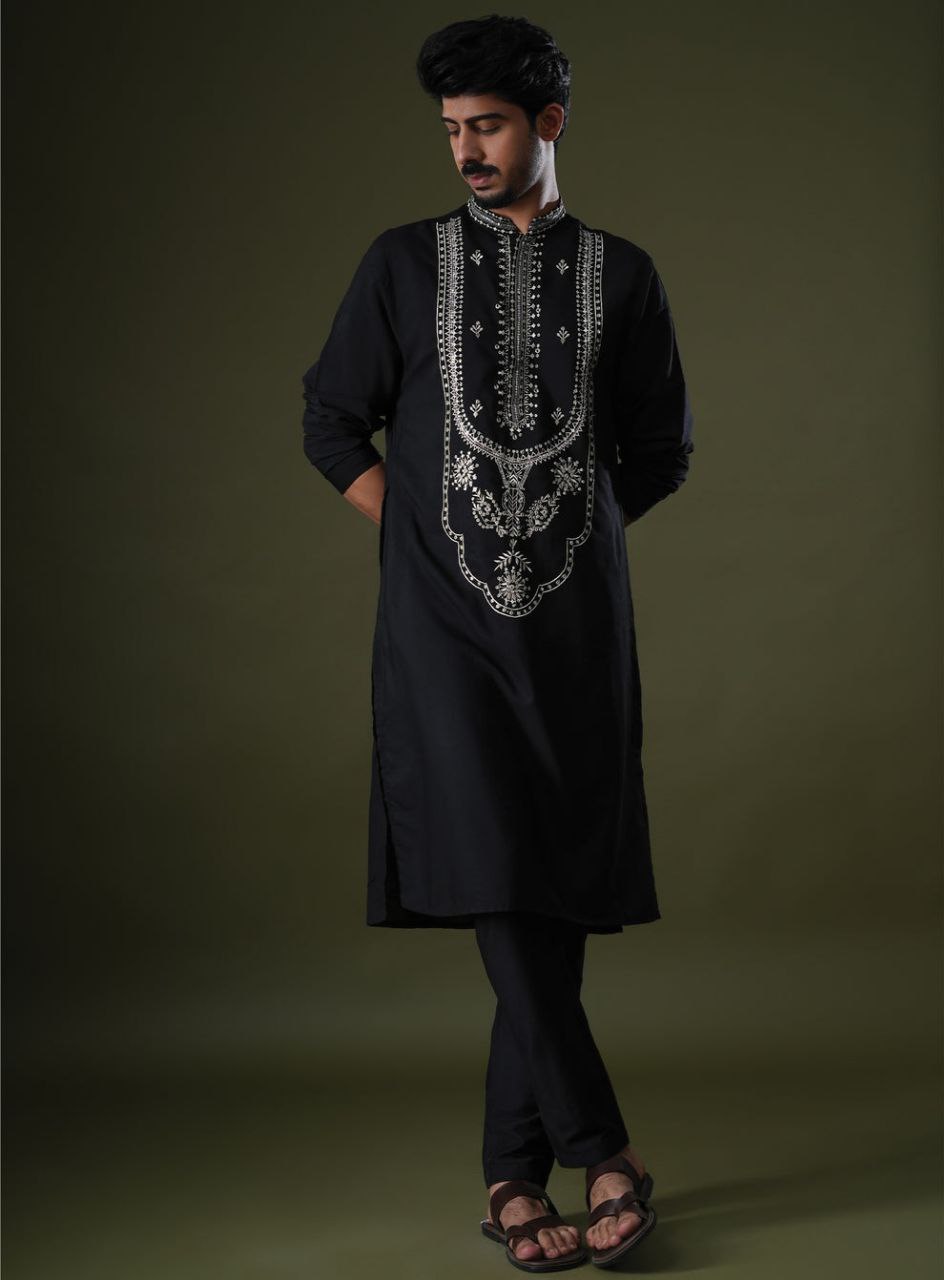 Black Art Silk Embroidery Men's Kurta Se