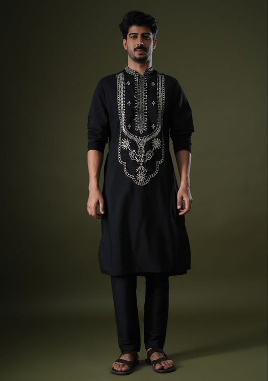 Black Art Silk Embroidery Men's Kurta Se