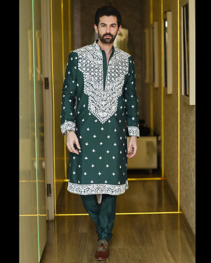 Deep Green Silk Kurta with Resham Work