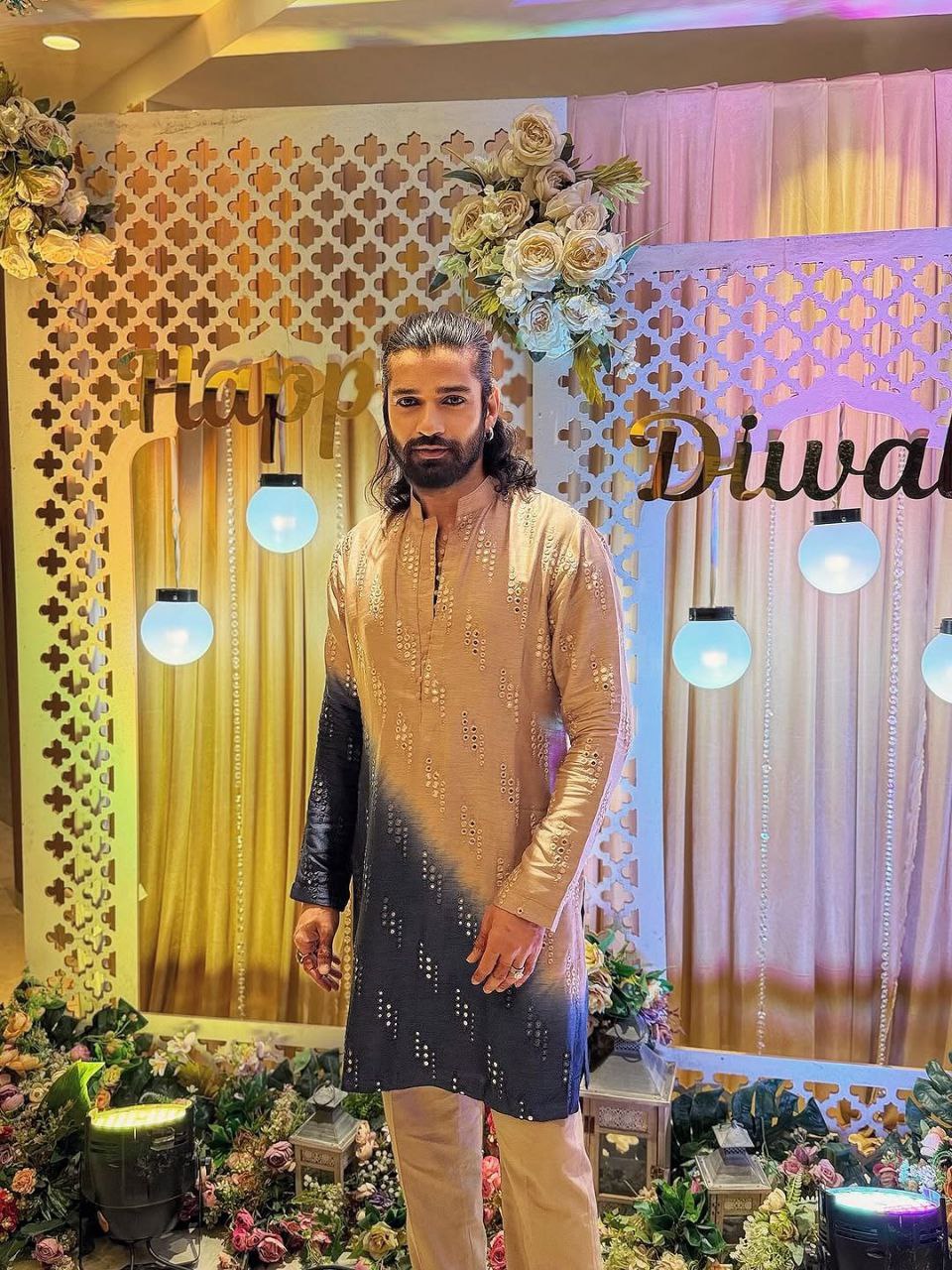 Beige & Navy Ombre Mirror Work Kurta