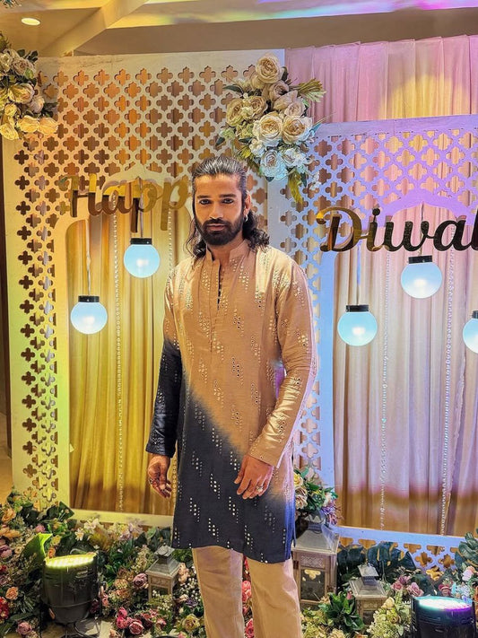 Beige & Navy Ombre Mirror Work Kurta