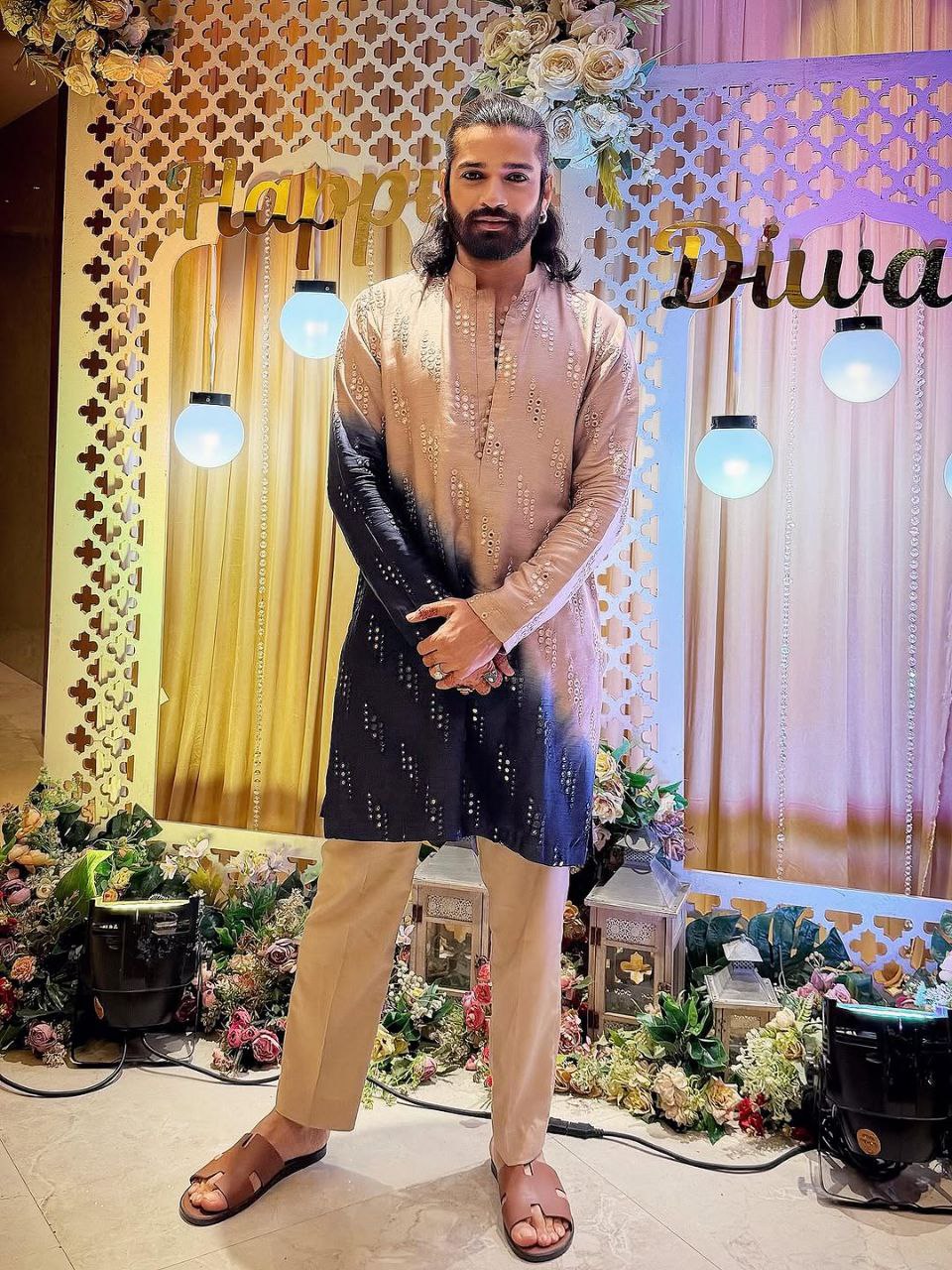 Beige & Navy Ombre Mirror Work Kurta