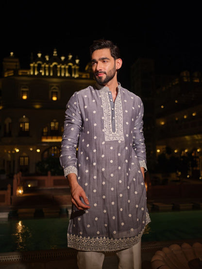 Grey Embroidered Men's Kurta Pyjama Set