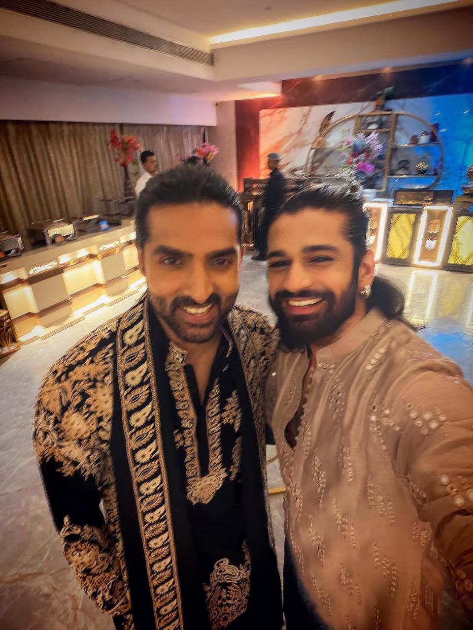 Beige & Navy Ombre Mirror Work Kurta