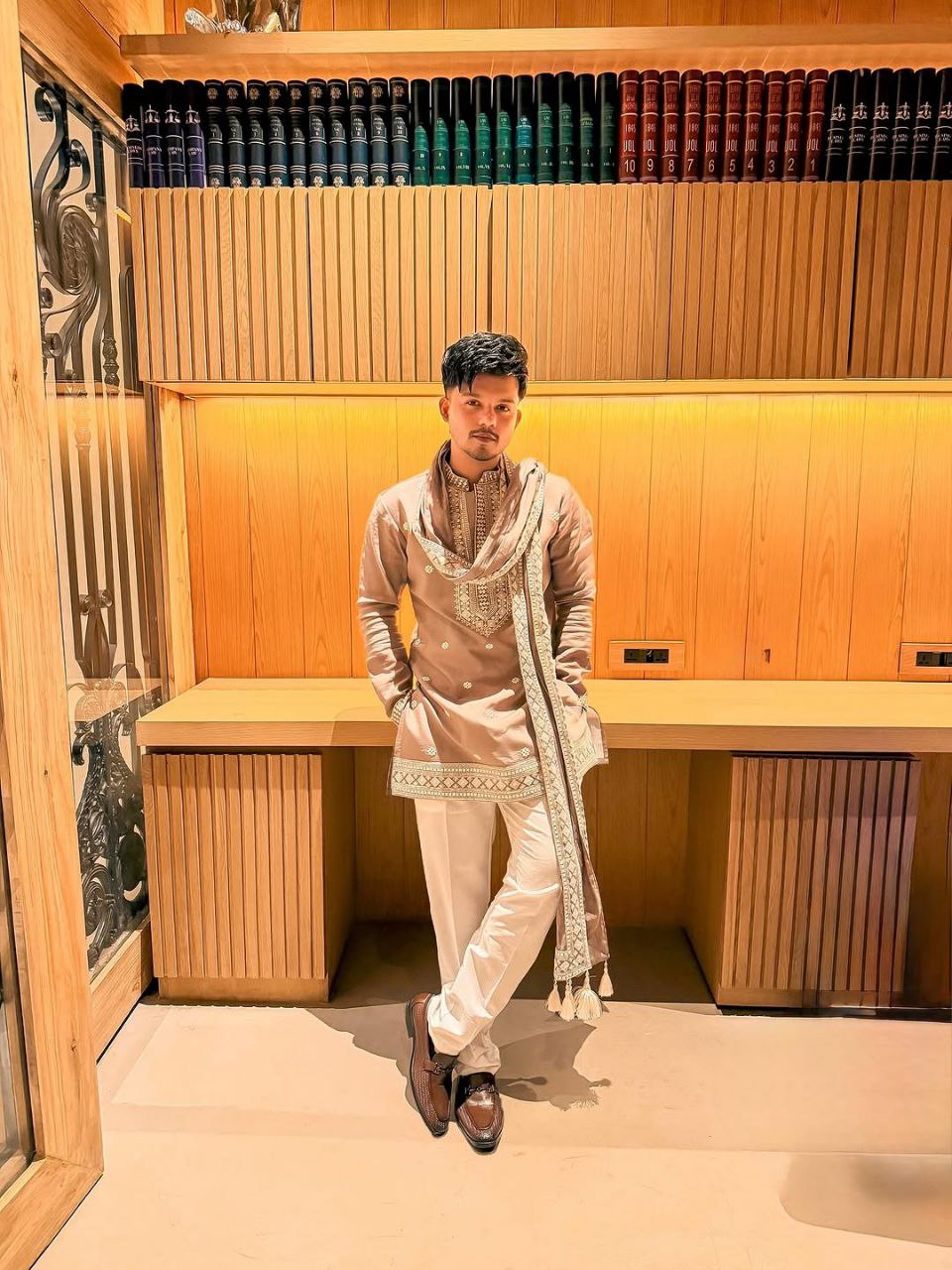 Riyaz Beige Embroidered Kurta Pyjama with Stole