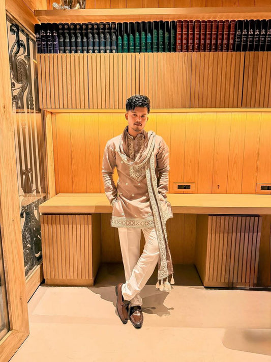 Riyaz Beige Embroidered Kurta Pyjama with Stole