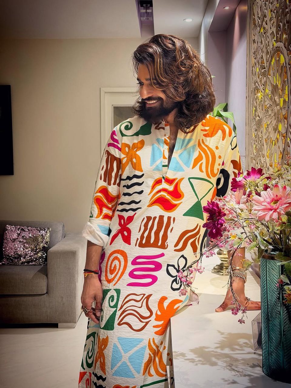 POWDER ASH PRINTED WORK KURTA PAJAMA SET FOR MEN'S