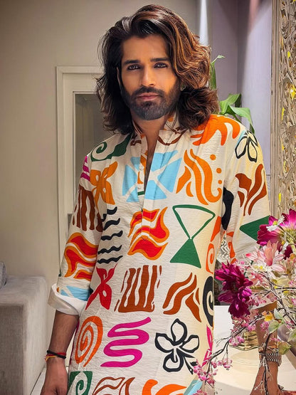 POWDER ASH PRINTED WORK KURTA PAJAMA SET FOR MEN'S