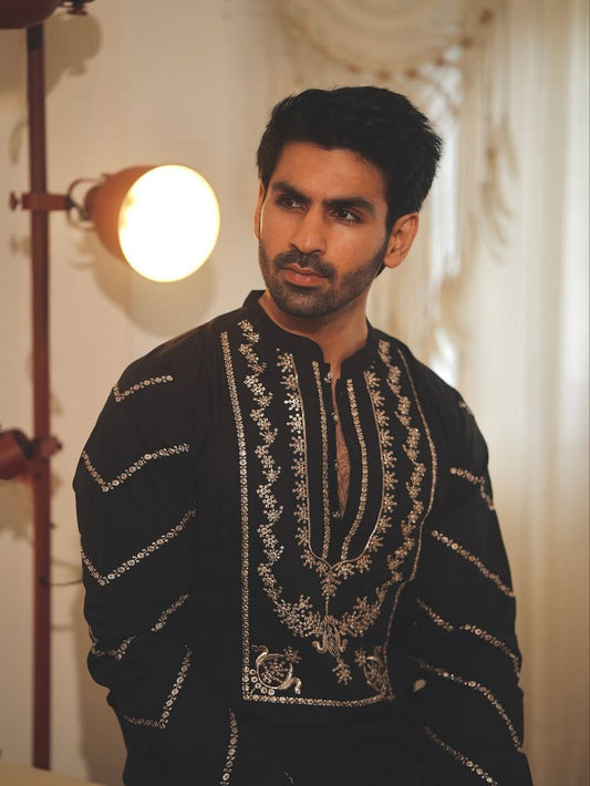 Black Havy Sequence Embroidered Kurta with payjama